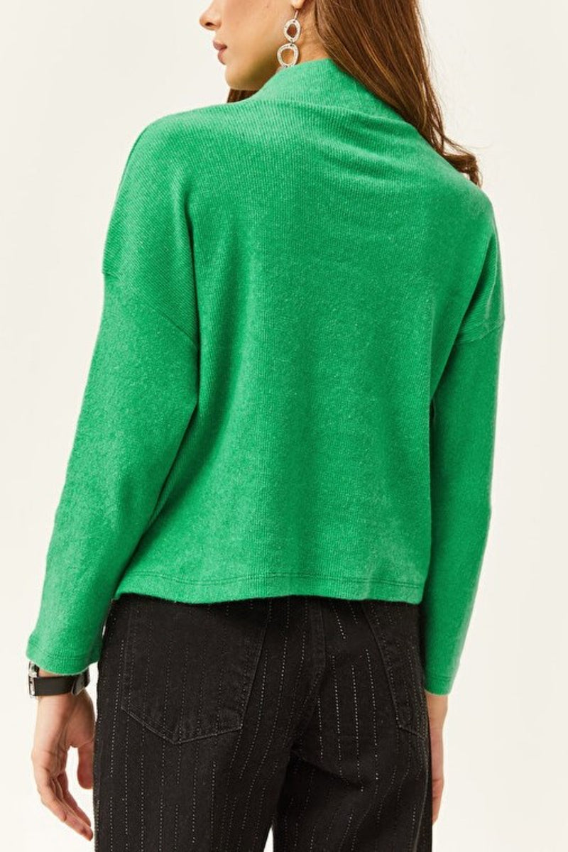 Zip-Up High Neck Brushed Sweater