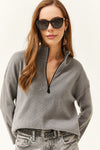 Zip-Up High Neck Brushed Sweater