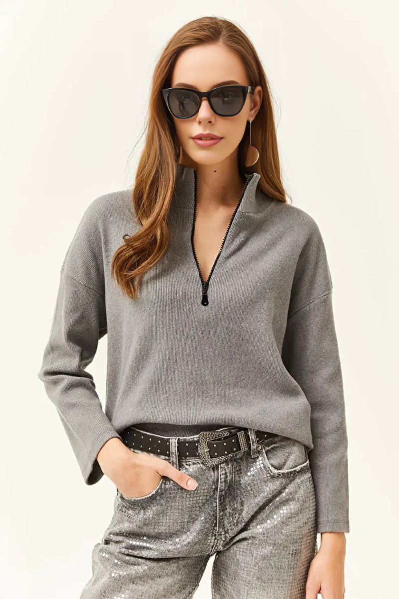 Zip-Up High Neck Brushed Sweater