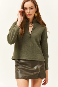 Zip-Up High Neck Brushed Sweater