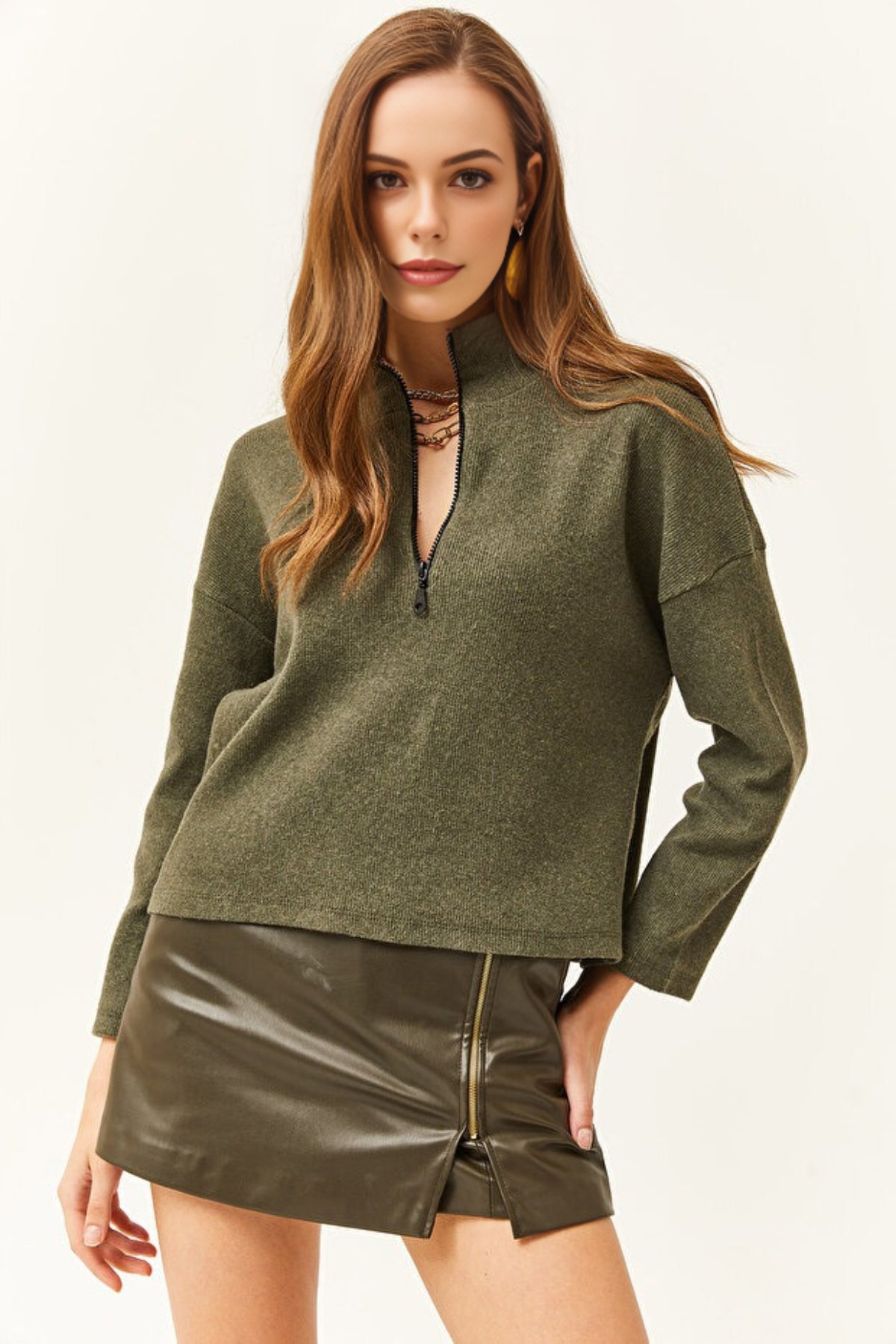 Zip-Up High Neck Brushed Sweater