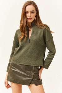 Zip-Up High Neck Brushed Sweater