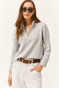 Zip-Up High Neck Brushed Sweater
