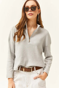 Zip-Up High Neck Brushed Sweater
