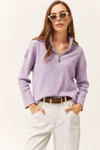 Zip-Up High Neck Brushed Sweater