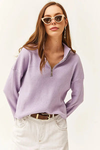 Zip-Up High Neck Brushed Sweater