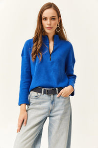 Zip-Up High Neck Brushed Sweater