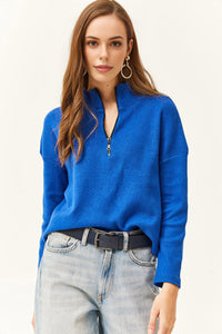 Zip-Up High Neck Brushed Sweater
