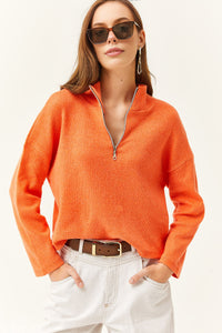 Zip-Up High Neck Brushed Sweater