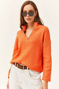 Zip-Up High Neck Brushed Sweater