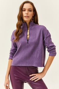 Zip-Up High Neck Brushed Sweater
