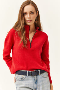 Zip-Up High Neck Brushed Sweater