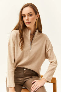 Zip-Up High Neck Brushed Sweater