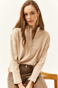 Zip-Up High Neck Brushed Sweater