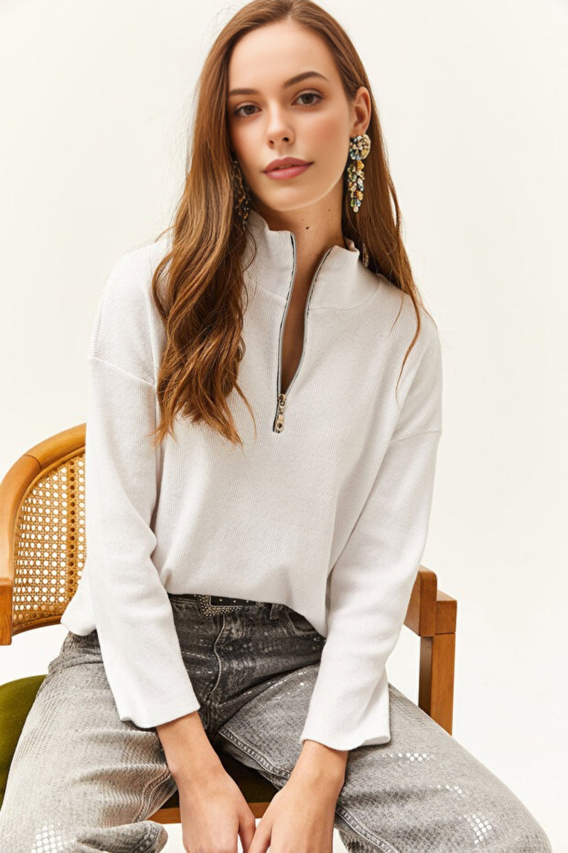 Zip-Up High Neck Brushed Sweater
