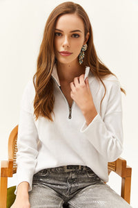 Zip-Up High Neck Brushed Sweater