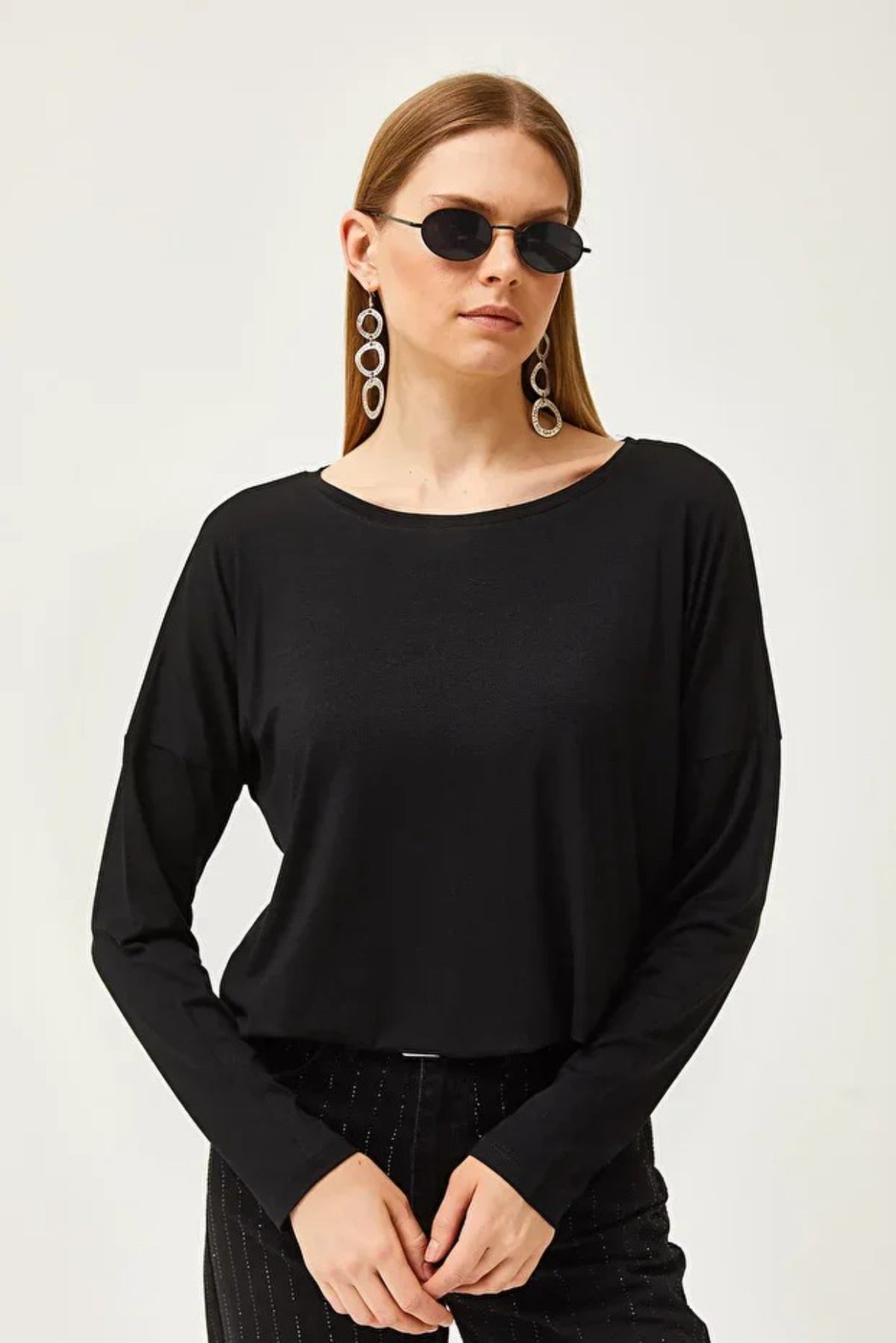 Crew Neck Draped Batwing Viscose Blouse