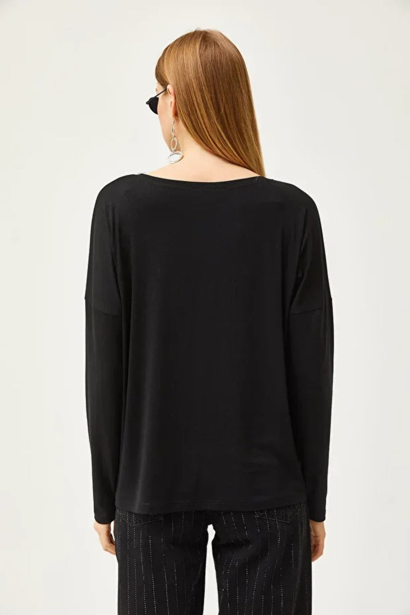 Crew Neck Draped Batwing Viscose Blouse