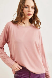 Crew Neck Draped Batwing Viscose Blouse