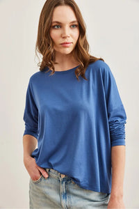 Crew Neck Draped Batwing Viscose Blouse