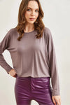 Crew Neck Draped Batwing Viscose Blouse