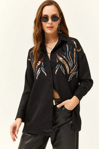 Sequin-Embellished Wool-Effect Oversized Winter Shirt