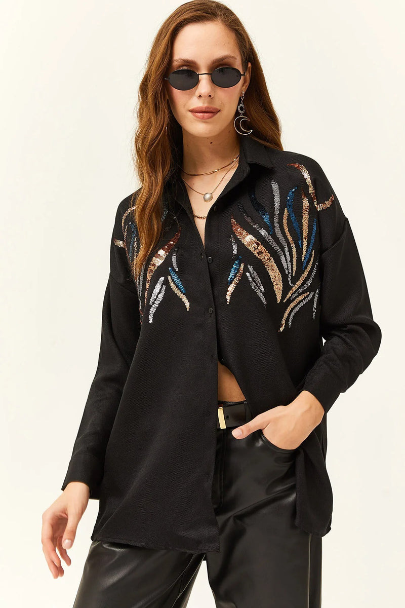 Sequin-Embellished Wool-Effect Oversized Winter Shirt