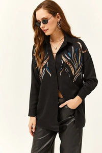 Sequin-Embellished Wool-Effect Oversized Winter Shirt