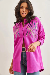 Sequin-Embellished Wool-Effect Oversized Winter Shirt
