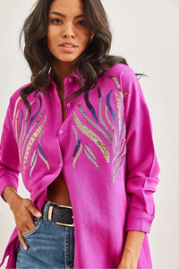 Sequin-Embellished Wool-Effect Oversized Winter Shirt