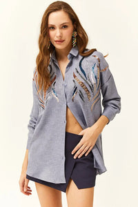 Sequin-Embellished Wool-Effect Oversized Winter Shirt