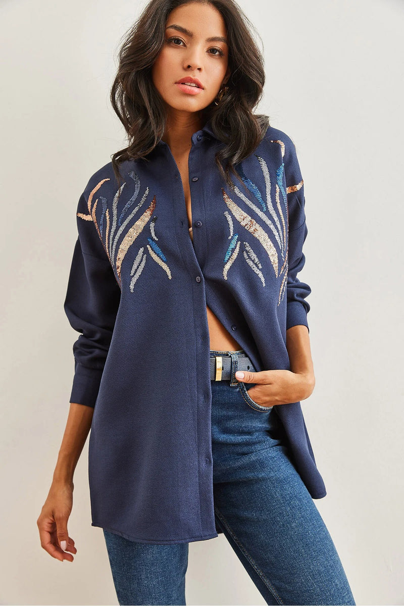 Sequin-Embellished Wool-Effect Oversized Winter Shirt