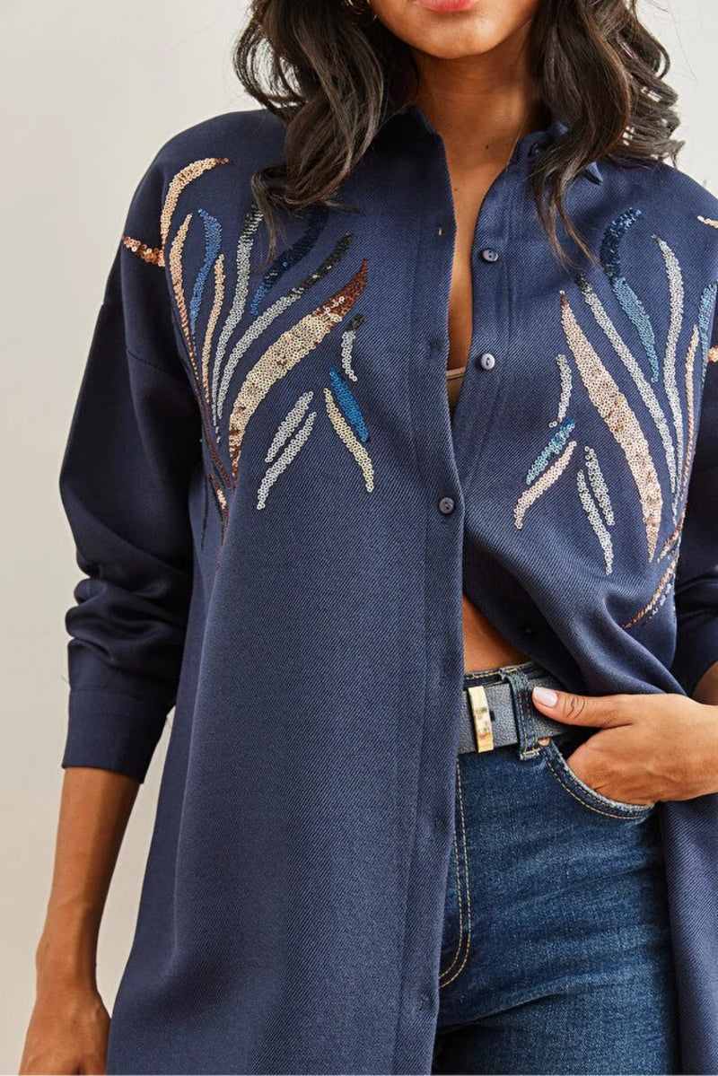 Sequin-Embellished Wool-Effect Oversized Winter Shirt