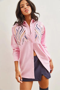 Sequin-Embellished Wool-Effect Oversized Winter Shirt