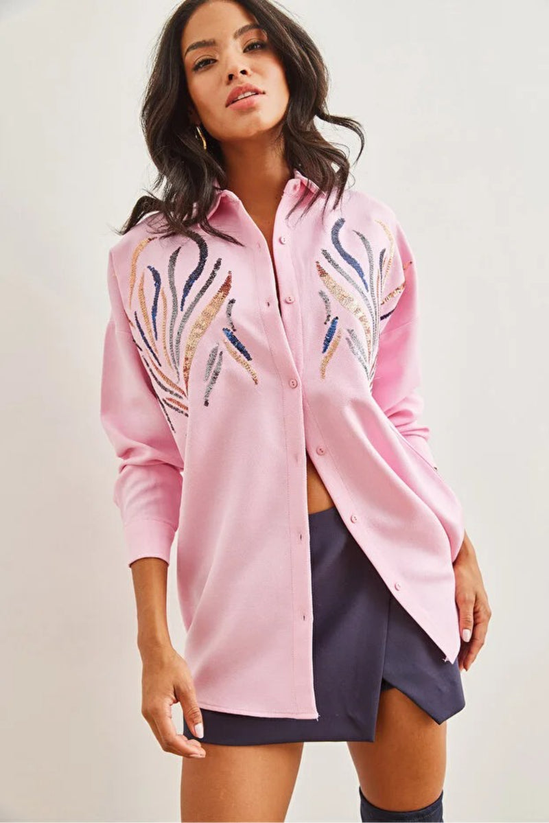 Sequin-Embellished Wool-Effect Oversized Winter Shirt
