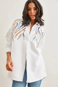 Sequin-Embellished Wool-Effect Oversized Winter Shirt