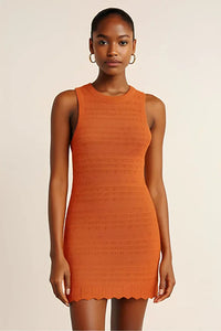 Orange Crew Neck Openwork Sleeveless Knit Beach Dress with Relaxed Fit