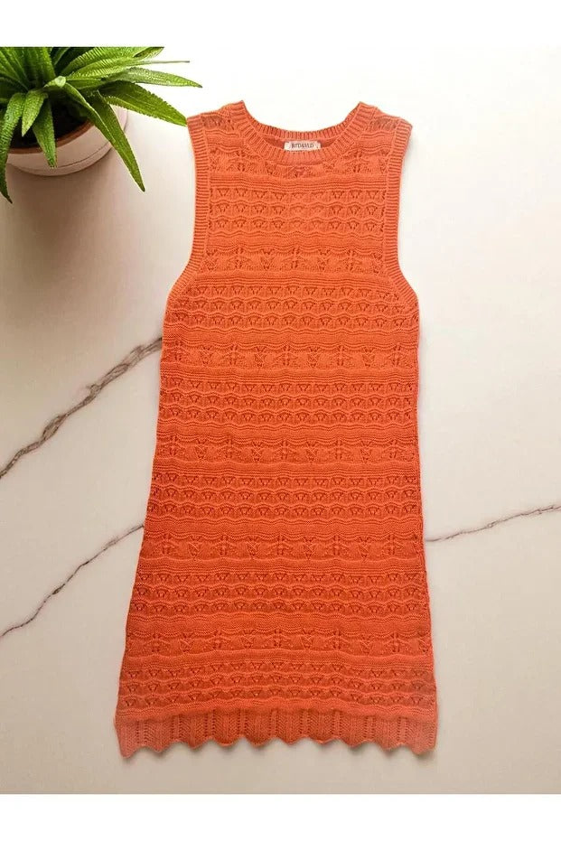Orange Crew Neck Openwork Sleeveless Knit Beach Dress with Relaxed Fit