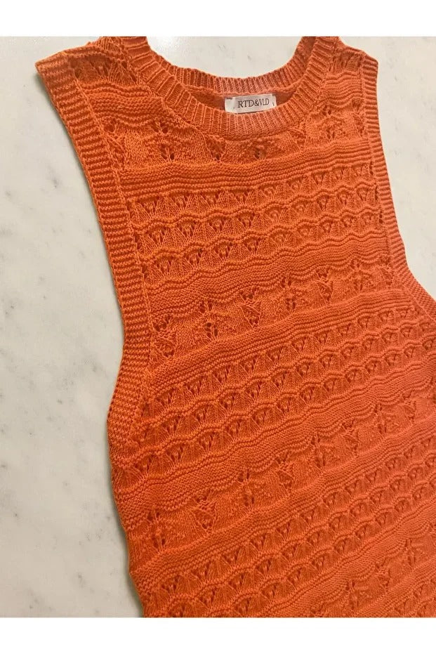 Orange Crew Neck Openwork Sleeveless Knit Beach Dress with Relaxed Fit
