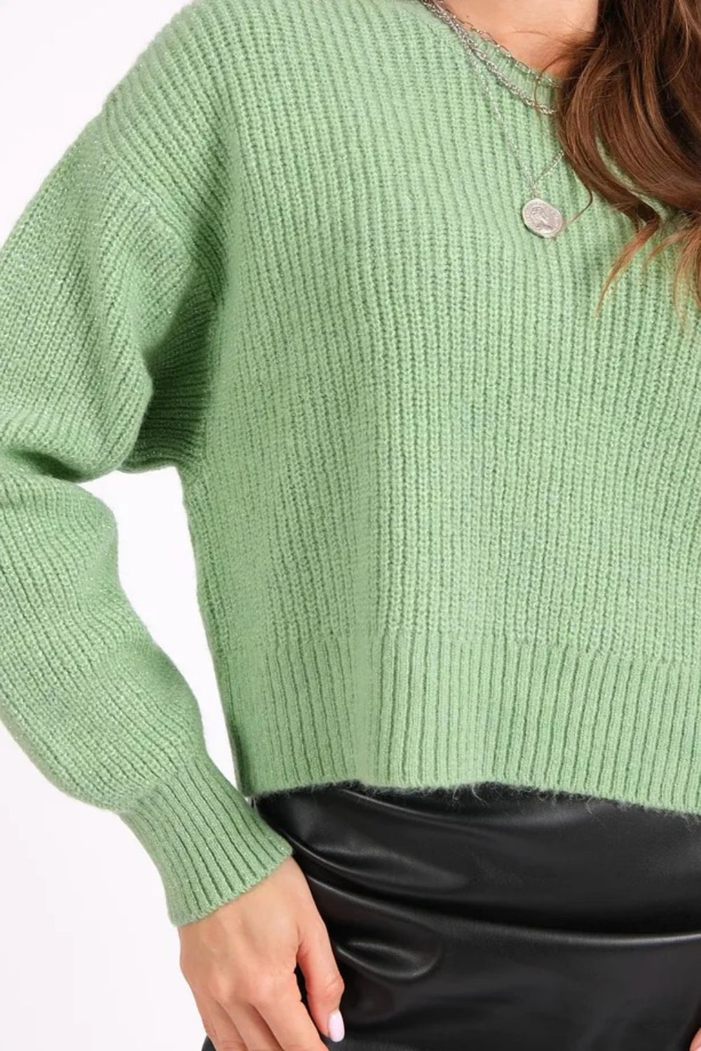 Green Shimmery Crew Neck Knit Sweater
