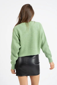 Green Shimmery Crew Neck Knit Sweater