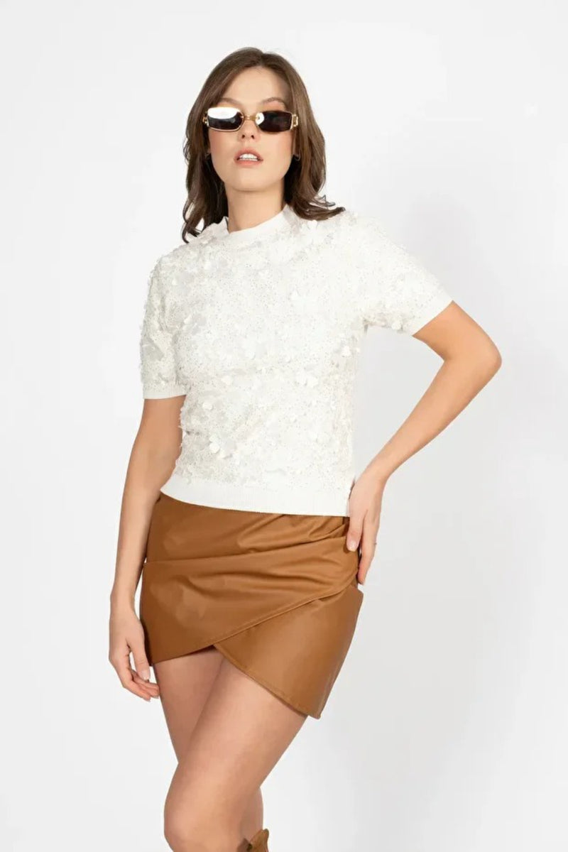Flow Ecru Slim-Fit Short-Sleeve Knit Top with Crew Neck, Glitter and Laser-Cut Floral Details