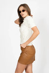 Flow Ecru Slim-Fit Short-Sleeve Knit Top with Crew Neck, Glitter and Laser-Cut Floral Details
