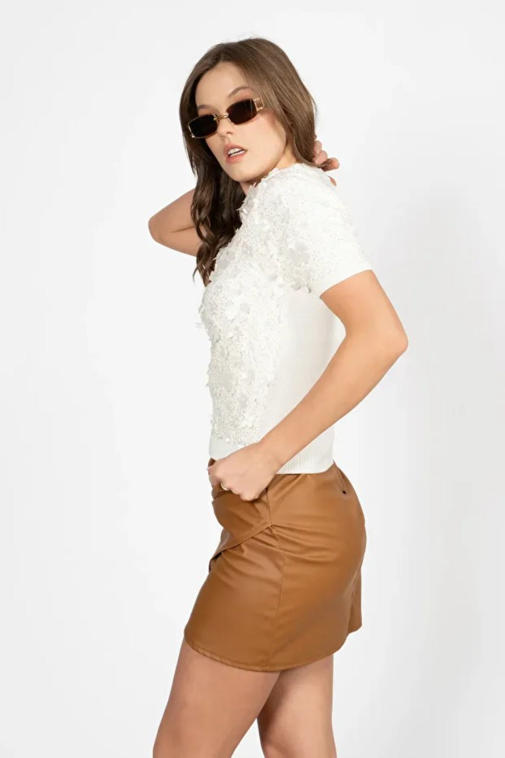 Flow Ecru Slim-Fit Short-Sleeve Knit Top with Crew Neck, Glitter and Laser-Cut Floral Details