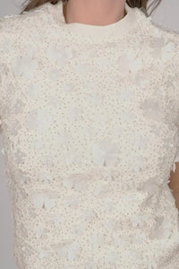 Flow Ecru Slim-Fit Short-Sleeve Knit Top with Crew Neck, Glitter and Laser-Cut Floral Details