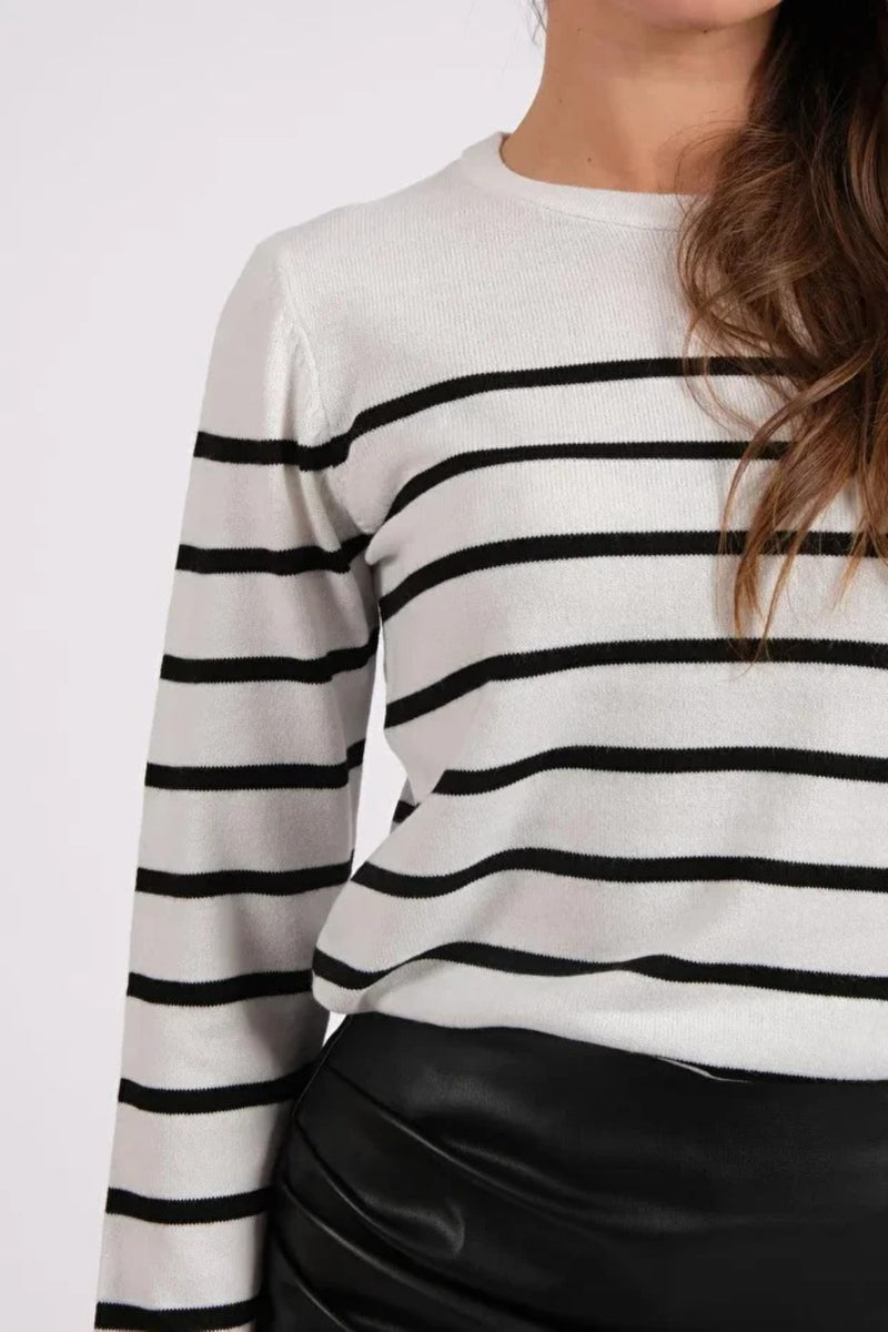 Black and White Striped Lightweight Knit Sweater with Crew Neck