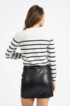 Black and White Striped Lightweight Knit Sweater with Crew Neck