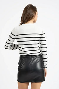 Black and White Striped Lightweight Knit Sweater with Crew Neck