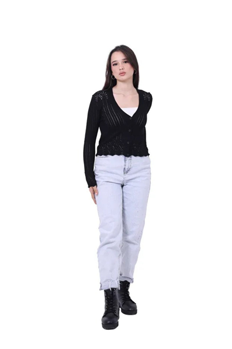 Lightweight 100% Cotton V-Neck Buttoned Knit Cardigan – Black