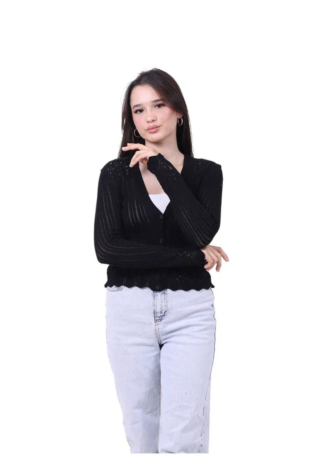 Lightweight 100% Cotton V-Neck Buttoned Knit Cardigan – Black